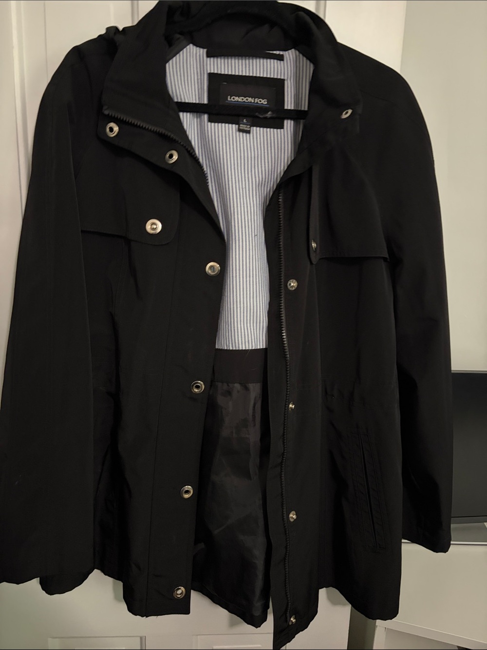 London Fog Black Hooded Women's Raincoat with Snap Front